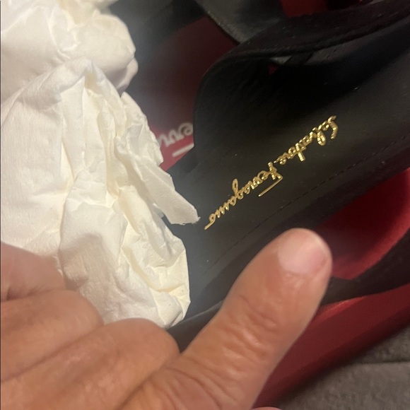 Salvatore Ferragamo Black Suede Heels with Gold Bow Detail - Picture 8 of 9